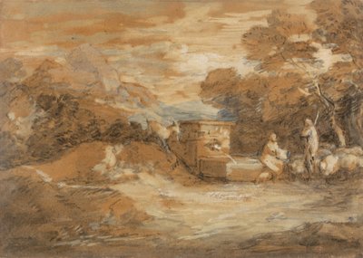 Mountain Landscape with Figures, Sheep and Fountain by Thomas Gainsborough